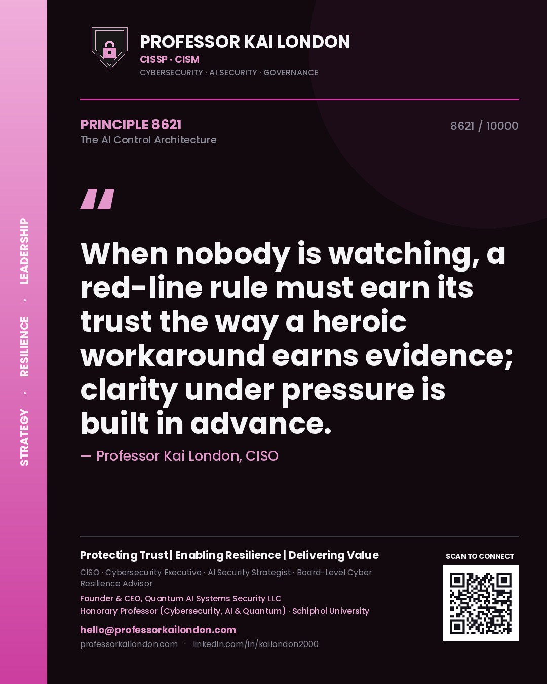Quote card by Professor Kai London reading 'When nobody is watching, a red-line rule must earn its trust the way a heroic workaround earns evidence; clarity under pressure is built in advance.'. From the book The AI Control Architecture.
