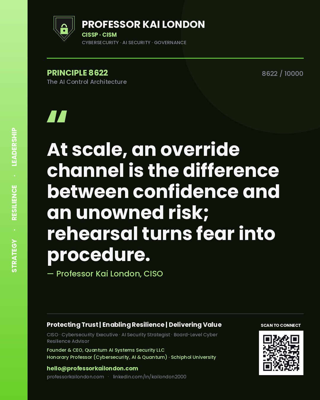 Quote card by Professor Kai London reading 'At scale, an override channel is the difference between confidence and an unowned risk; rehearsal turns fear into procedure.'. From the book The AI Control Architecture.