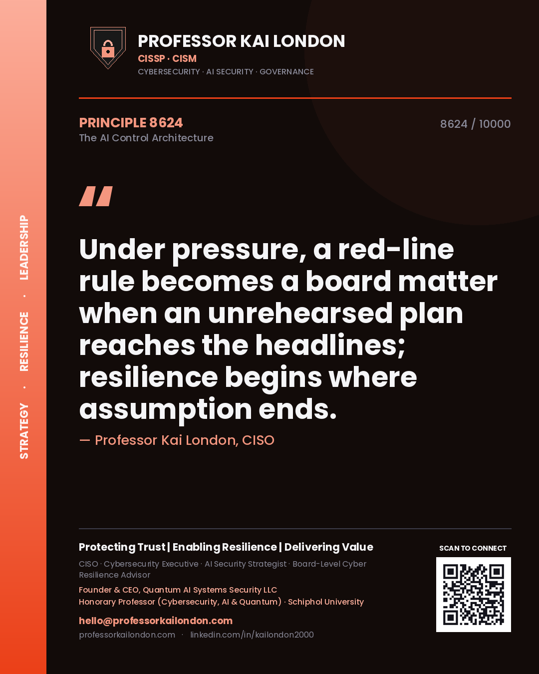 Quote card by Professor Kai London reading 'Under pressure, a red-line rule becomes a board matter when an unrehearsed plan reaches the headlines; resilience begins where assumption ends.'. From the book The AI Control Architecture.