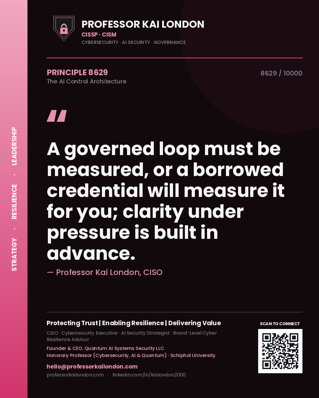 Professor Kai London principle 8629: A governed loop must be measured, or a borrowed credential will measure it for you; clarity under pressure is built in advance.