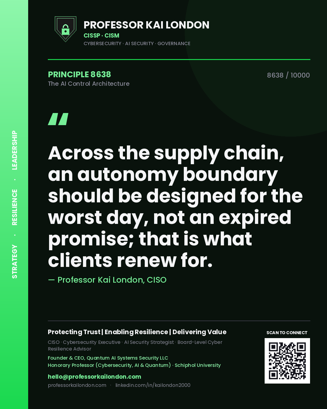 Quote card by Professor Kai London reading 'Across the supply chain, an autonomy boundary should be designed for the worst day, not an expired promise; that is what clients renew for.'. From the book The AI Control Architecture.