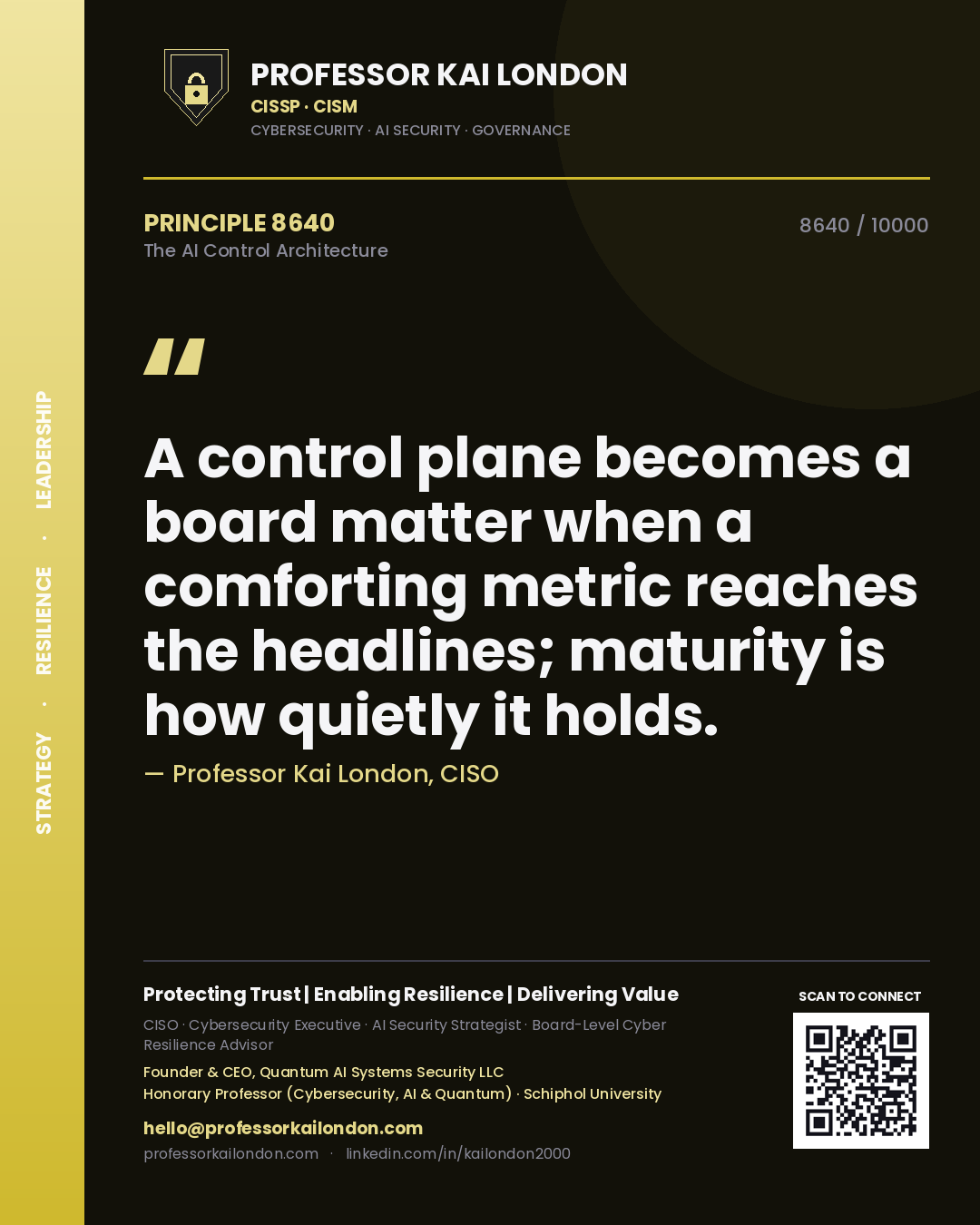 Quote card by Professor Kai London reading 'A control plane becomes a board matter when a comforting metric reaches the headlines; maturity is how quietly it holds.'. From the book The AI Control Architecture.