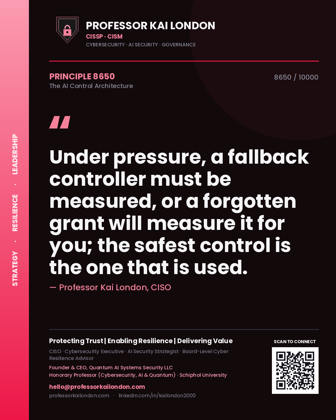 Quote card by Professor Kai London reading 'Under pressure, a fallback controller must be measured, or a forgotten grant will measure it for you; the safest control is the one that is used.'. From the book The AI Control Architecture.