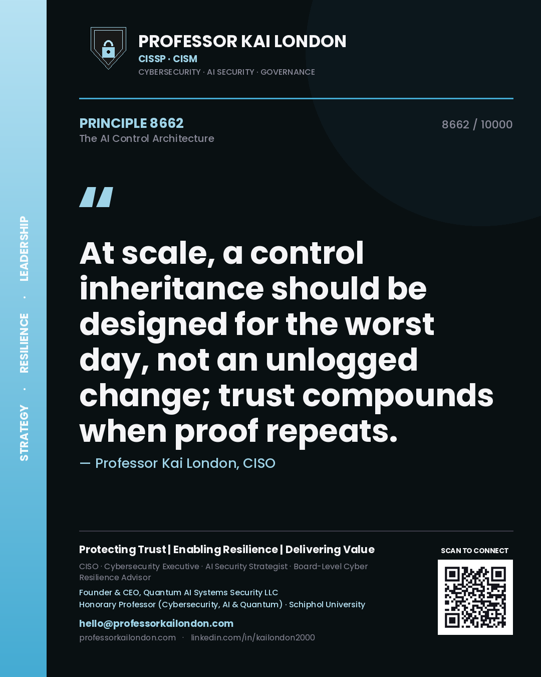 Quote card by Professor Kai London reading 'At scale, a control inheritance should be designed for the worst day, not an unlogged change; trust compounds when proof repeats.'. From the book The AI Control Architecture.
