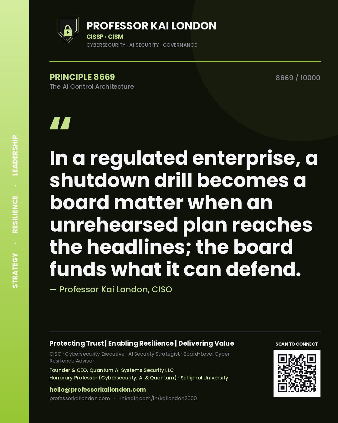 Quote card by Professor Kai London reading 'In a regulated enterprise, a shutdown drill becomes a board matter when an unrehearsed plan reaches the headlines; the board funds what it can defend.'. From the book The AI Control Architecture.