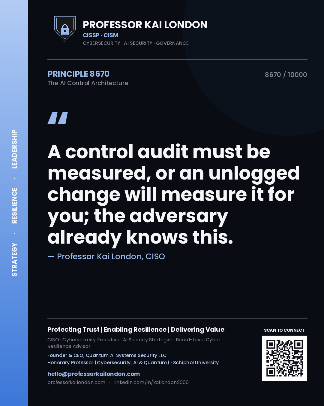 Quote card by Professor Kai London reading 'A control audit must be measured, or an unlogged change will measure it for you; the adversary already knows this.'. From the book The AI Control Architecture.