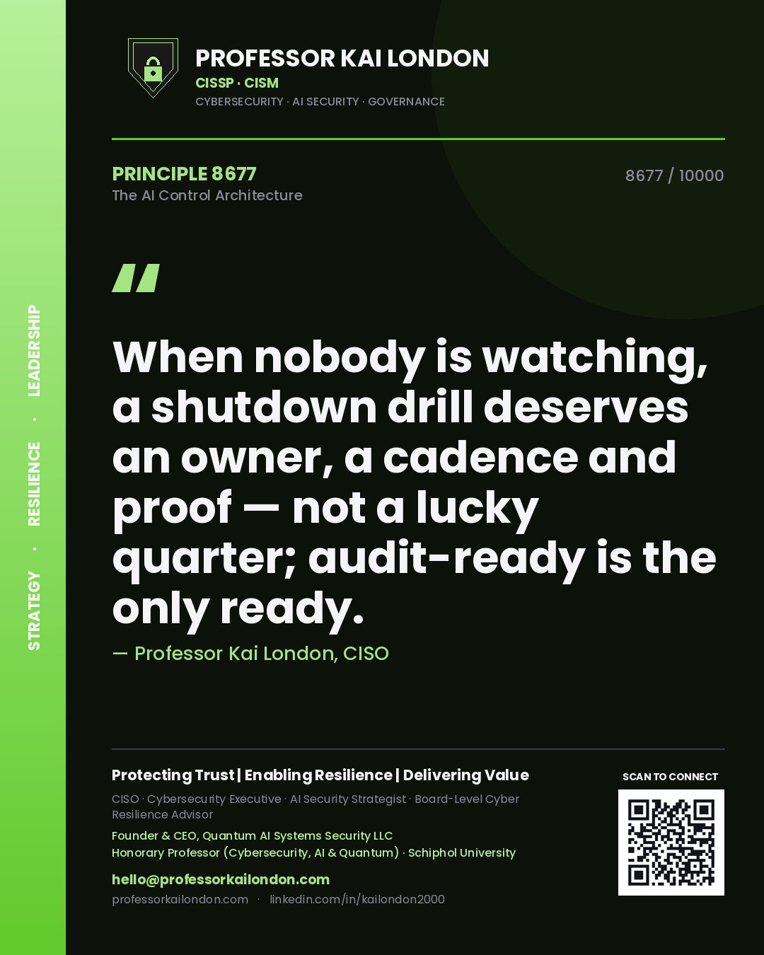 Professor Kai London principle 8677: When nobody is watching, a shutdown drill deserves an owner, a cadence and proof — not a lucky quarter; audit-ready is the only ready.