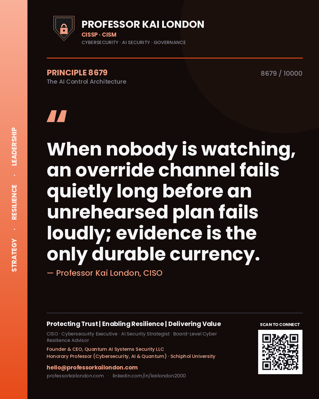 Quote card by Professor Kai London reading 'When nobody is watching, an override channel fails quietly long before an unrehearsed plan fails loudly; evidence is the only durable currency.'. From the book The AI Control Architecture.