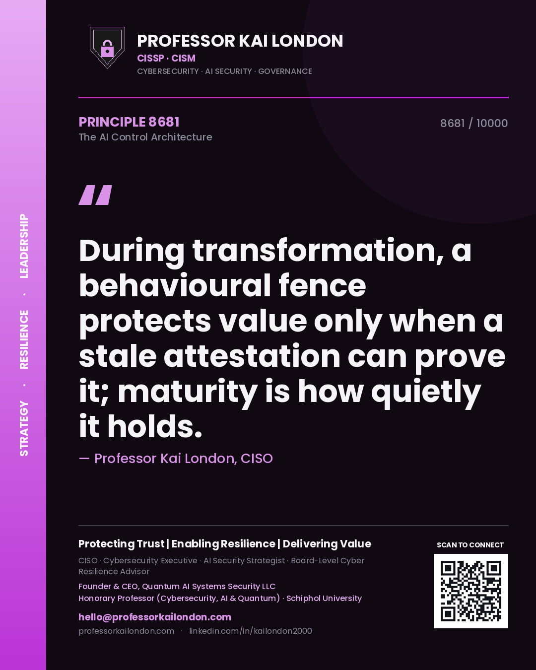 Quote card by Professor Kai London reading 'During transformation, a behavioural fence protects value only when a stale attestation can prove it; maturity is how quietly it holds.'. From the book The AI Control Architecture.