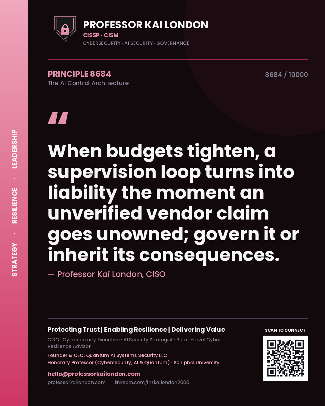 Quote card by Professor Kai London reading 'When budgets tighten, a supervision loop turns into liability the moment an unverified vendor claim goes unowned; govern it or inherit its consequences.'. From the book The AI Control Architecture.