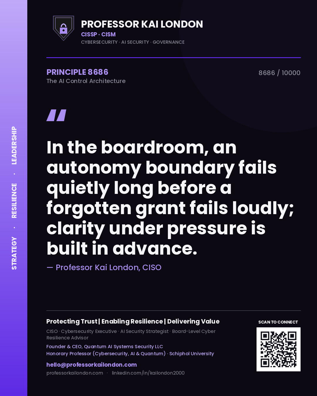 Quote card by Professor Kai London reading 'In the boardroom, an autonomy boundary fails quietly long before a forgotten grant fails loudly; clarity under pressure is built in advance.'. From the book The AI Control Architecture.