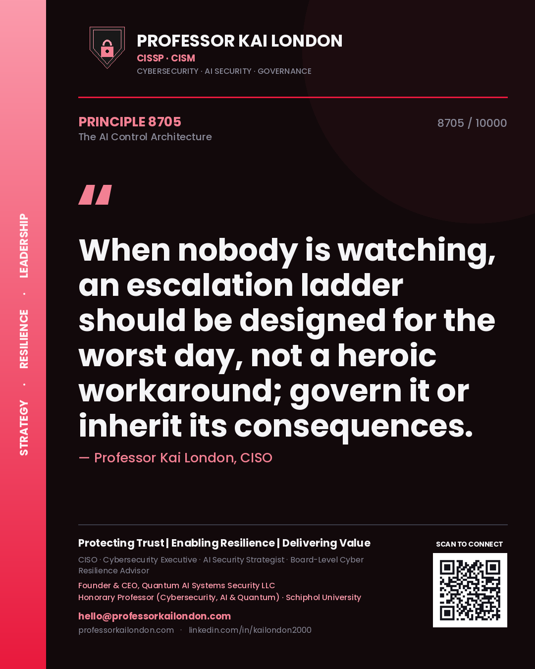 Quote card by Professor Kai London reading 'When nobody is watching, an escalation ladder should be designed for the worst day, not a heroic workaround; govern it or inherit its consequences.'. From the book The AI Control Architecture.