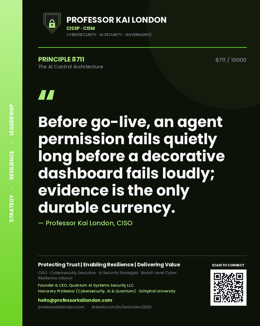 Professor Kai London principle 8711: Before go-live, an agent permission fails quietly long before a decorative dashboard fails loudly; evidence is the only durable currency.