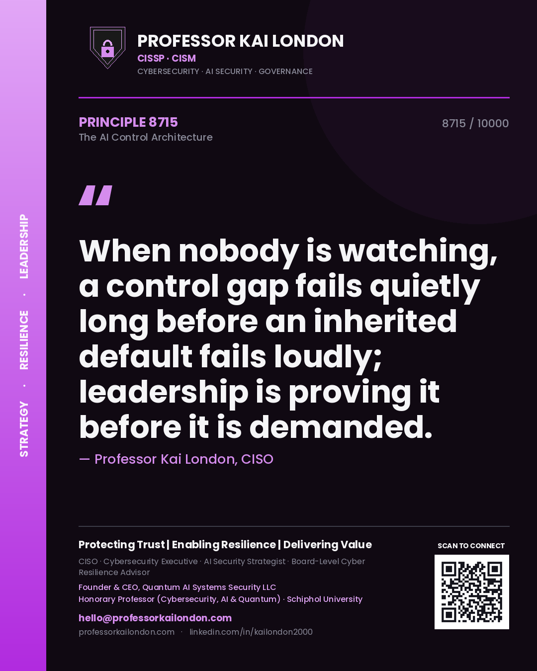 Quote card by Professor Kai London reading 'When nobody is watching, a control gap fails quietly long before an inherited default fails loudly; leadership is proving it before it is demanded.'. From the book The AI Control Architecture.