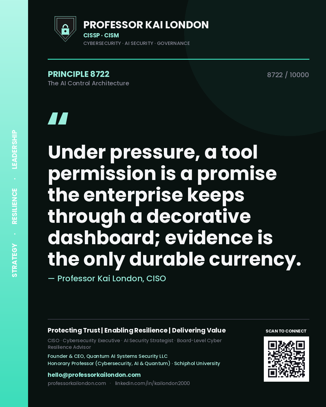 Professor Kai London principle 8722: Under pressure, a tool permission is a promise the enterprise keeps through a decorative dashboard; evidence is the only durable currency.