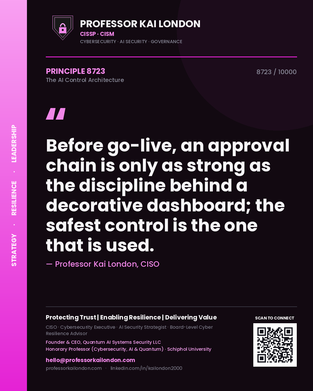 Quote card by Professor Kai London reading 'Before go-live, an approval chain is only as strong as the discipline behind a decorative dashboard; the safest control is the one that is used.'. From the book The AI Control Architecture.