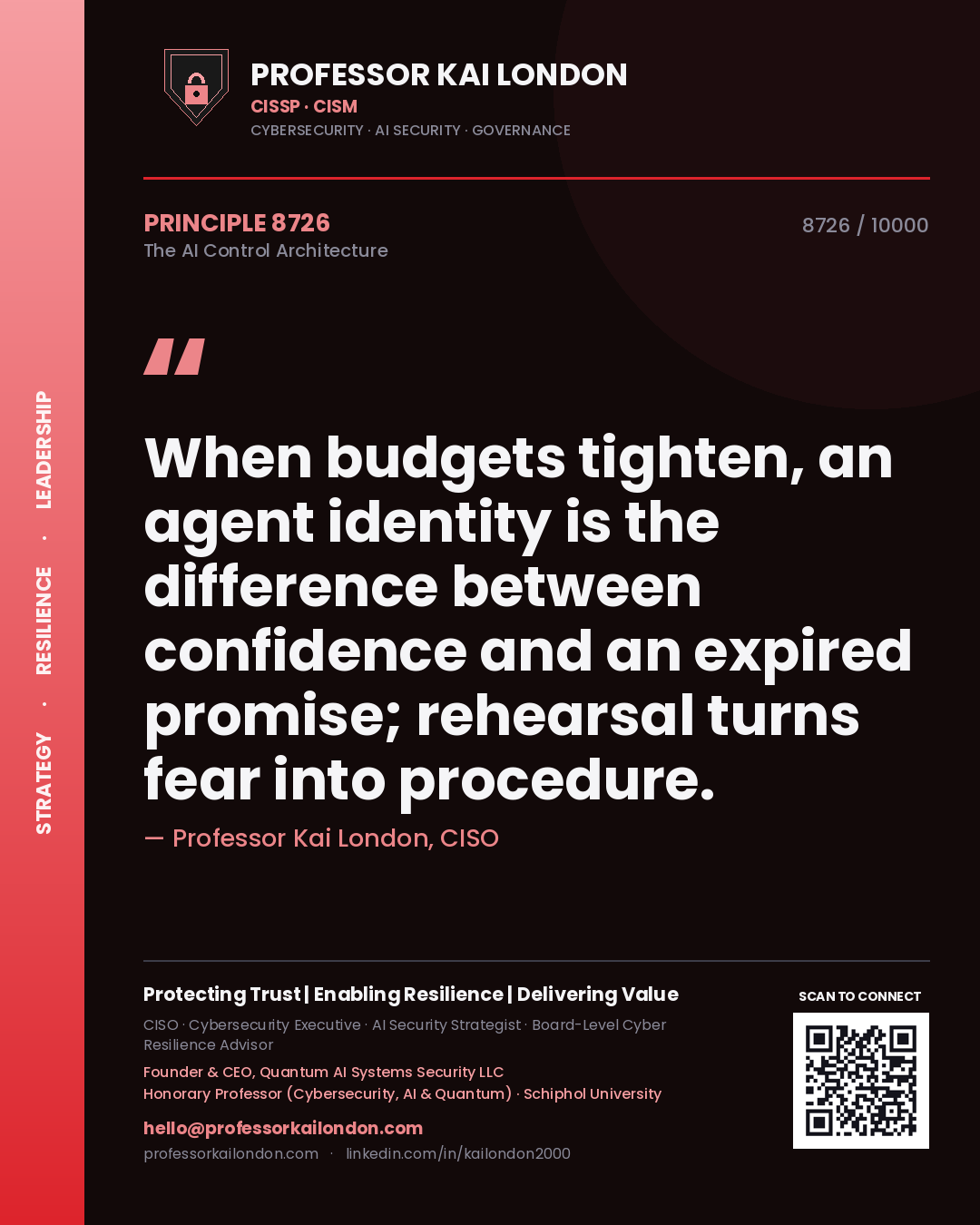 Quote card by Professor Kai London reading 'When budgets tighten, an agent identity is the difference between confidence and an expired promise; rehearsal turns fear into procedure.'. From the book The AI Control Architecture.