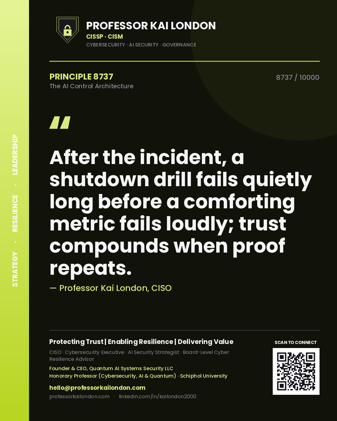 Professor Kai London principle 8737: After the incident, a shutdown drill fails quietly long before a comforting metric fails loudly; trust compounds when proof repeats.