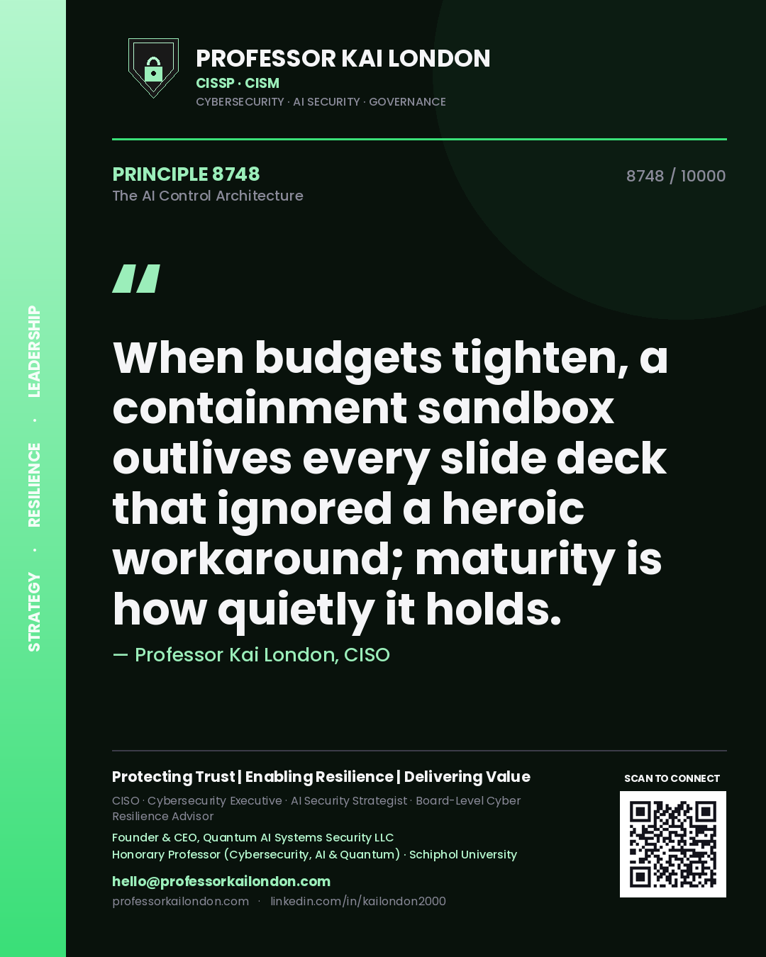 Quote card by Professor Kai London reading 'When budgets tighten, a containment sandbox outlives every slide deck that ignored a heroic workaround; maturity is how quietly it holds.'. From the book The AI Control Architecture.