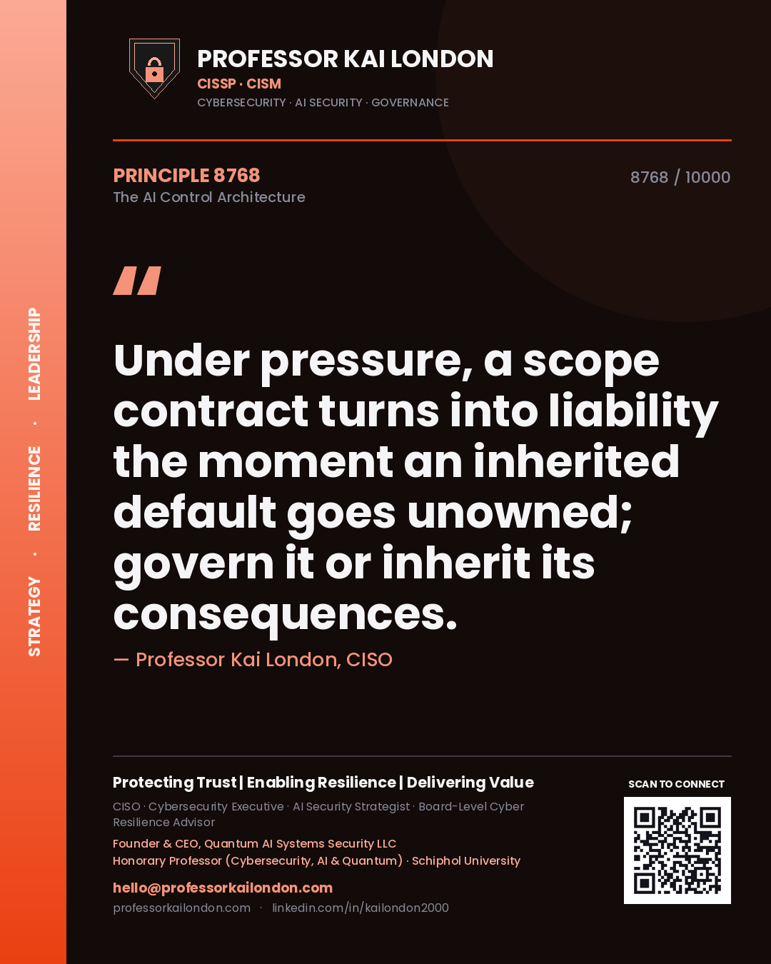 Professor Kai London principle 8768: Under pressure, a scope contract turns into liability the moment an inherited default goes unowned; govern it or inherit its consequences.