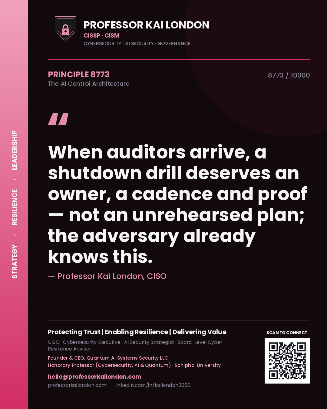 Quote card by Professor Kai London reading 'When auditors arrive, a shutdown drill deserves an owner, a cadence and proof — not an unrehearsed plan; the adversary already knows this.'. From the book The AI Control Architecture.