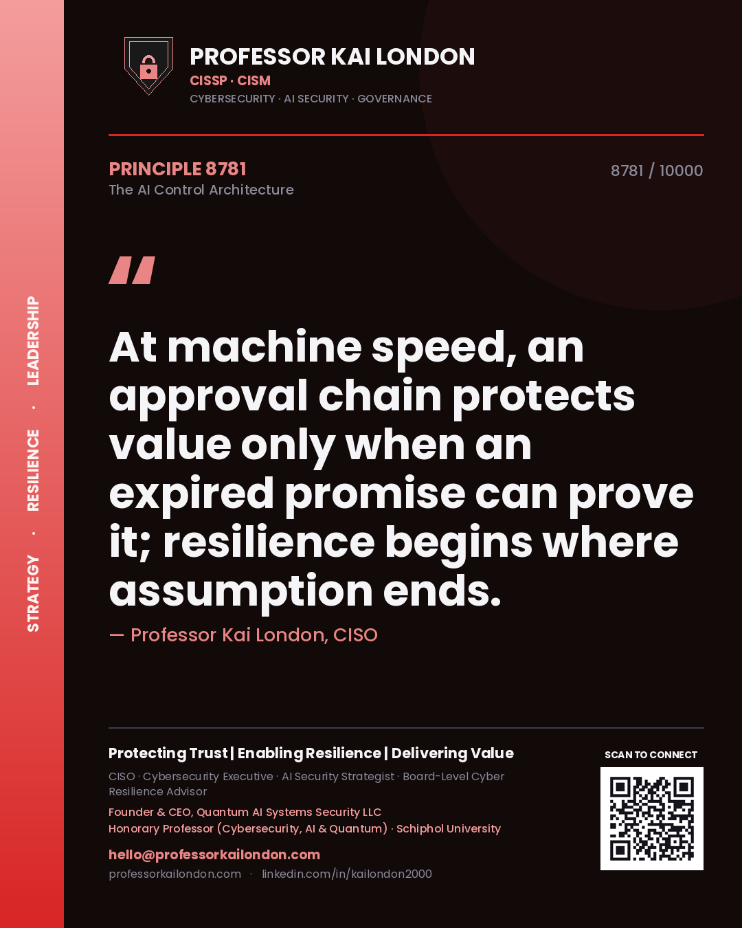 Quote card by Professor Kai London reading 'At machine speed, an approval chain protects value only when an expired promise can prove it; resilience begins where assumption ends.'. From the book The AI Control Architecture.
