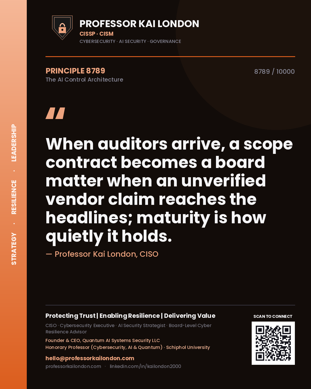 Quote card by Professor Kai London reading 'When auditors arrive, a scope contract becomes a board matter when an unverified vendor claim reaches the headlines; maturity is how quietly it holds.'. From the book The AI Control Architecture.
