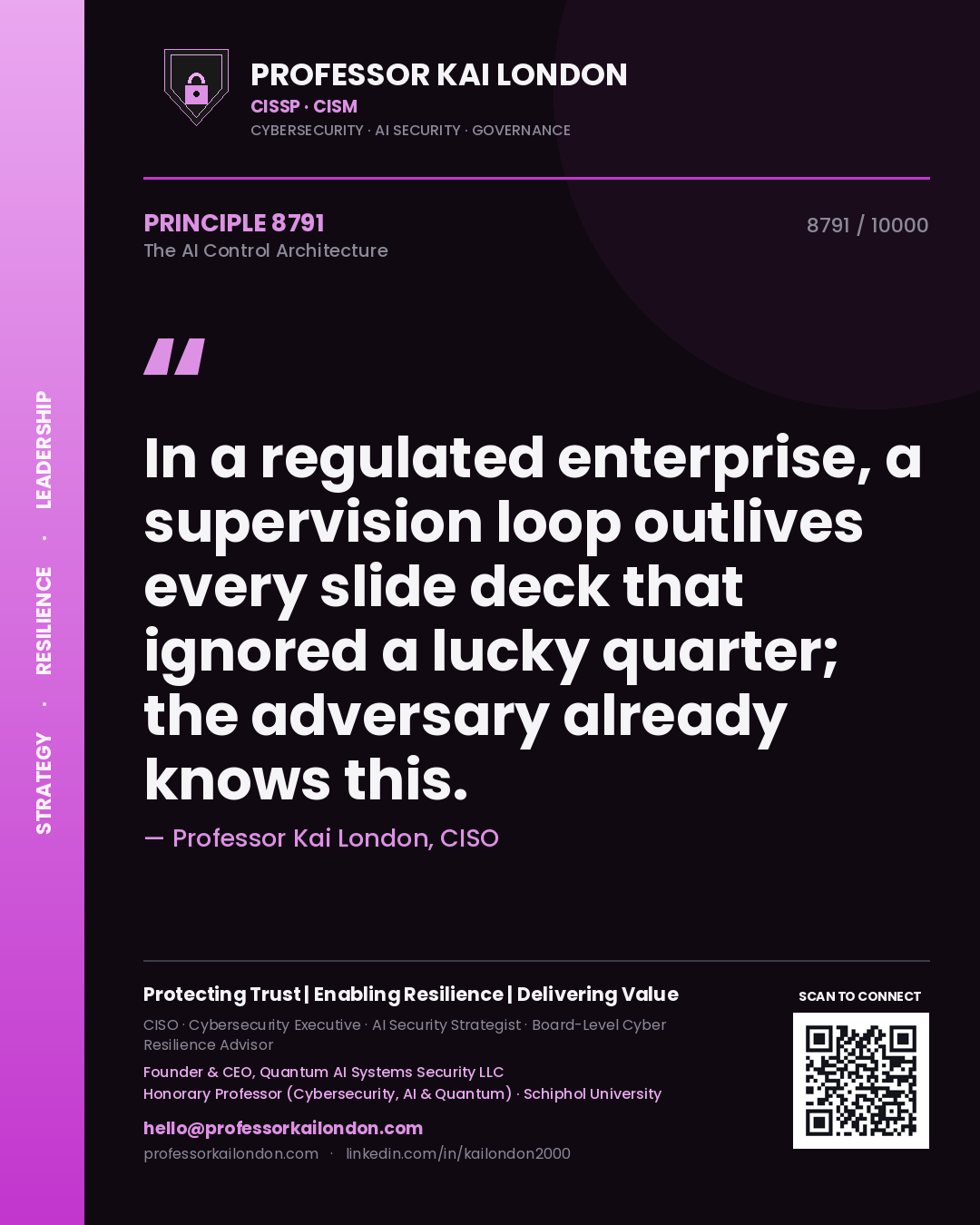 Quote card by Professor Kai London reading 'In a regulated enterprise, a supervision loop outlives every slide deck that ignored a lucky quarter; the adversary already knows this.'. From the book The AI Control Architecture.