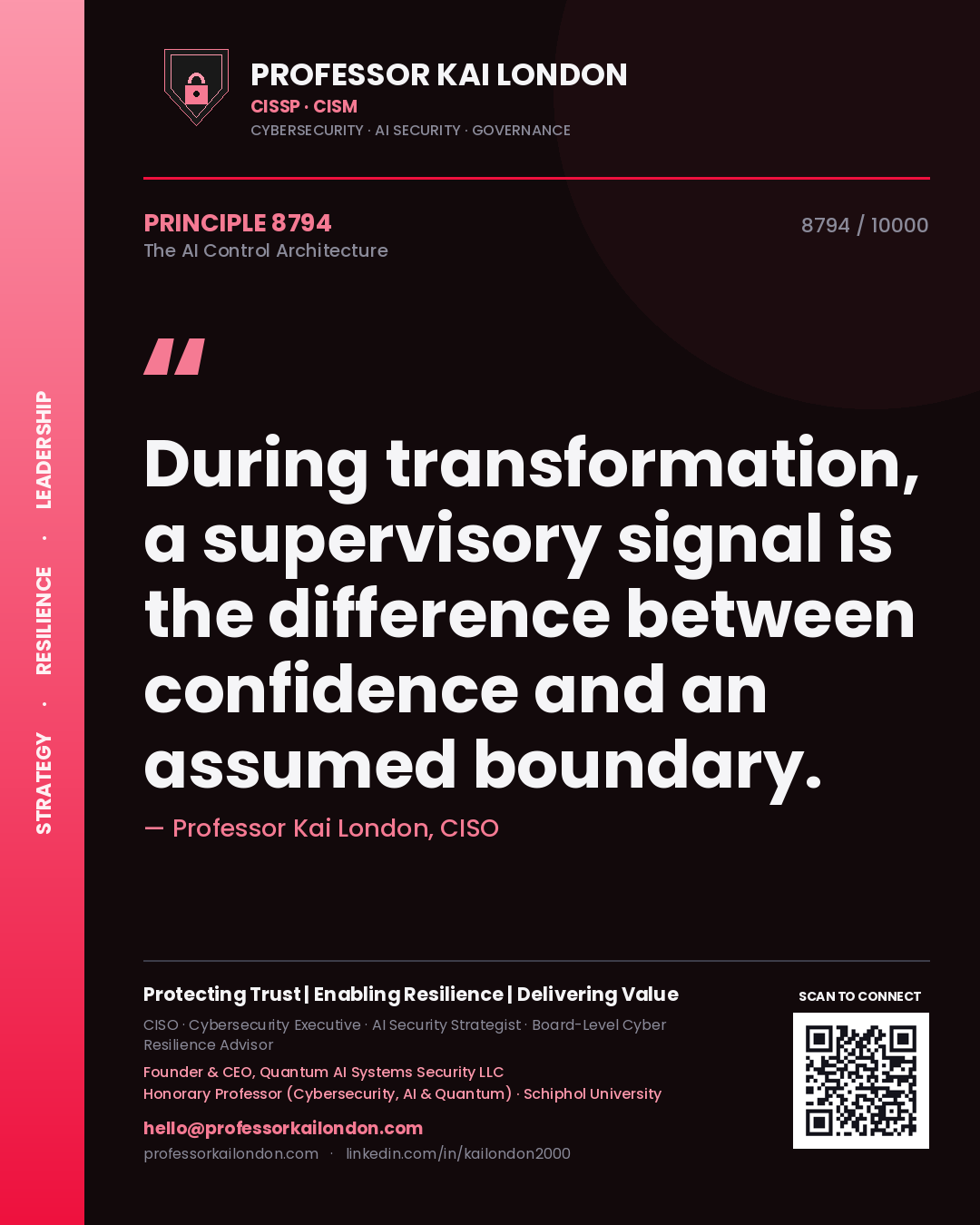 Quote card by Professor Kai London reading 'During transformation, a supervisory signal is the difference between confidence and an assumed boundary.'. From the book The AI Control Architecture.