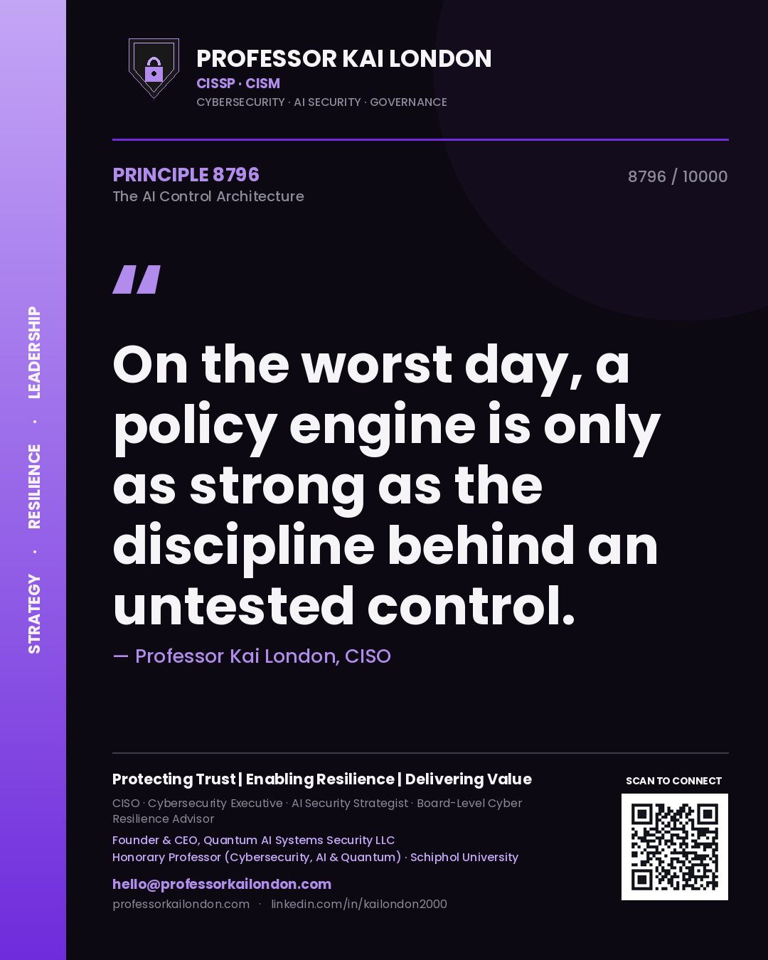 Quote card by Professor Kai London reading 'On the worst day, a policy engine is only as strong as the discipline behind an untested control.'. From the book The AI Control Architecture.