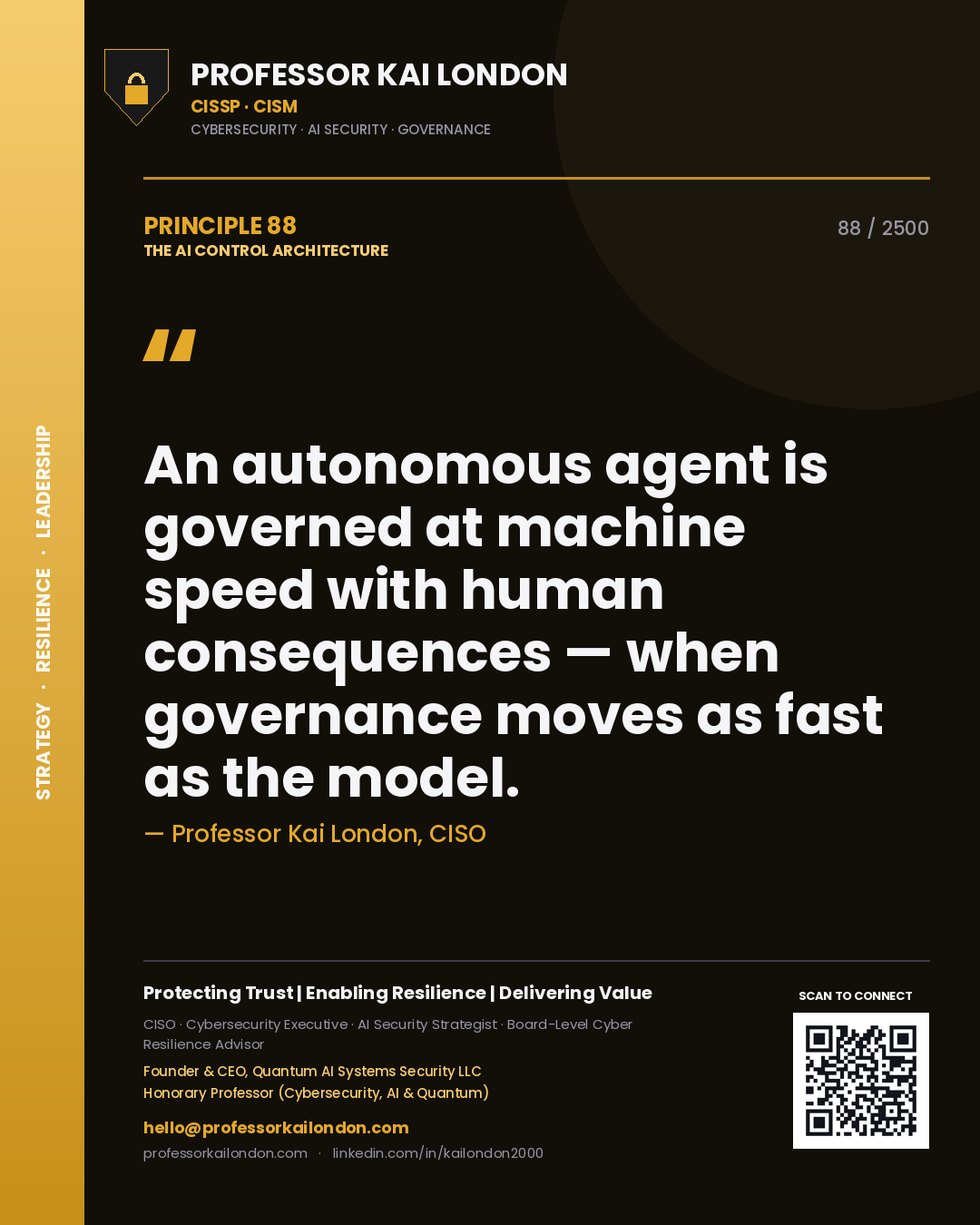 Quote card by Professor Kai London reading 'An autonomous agent is governed at machine speed with human consequences — when governance moves as fast as the model.'. From the book The AI Control Architecture.