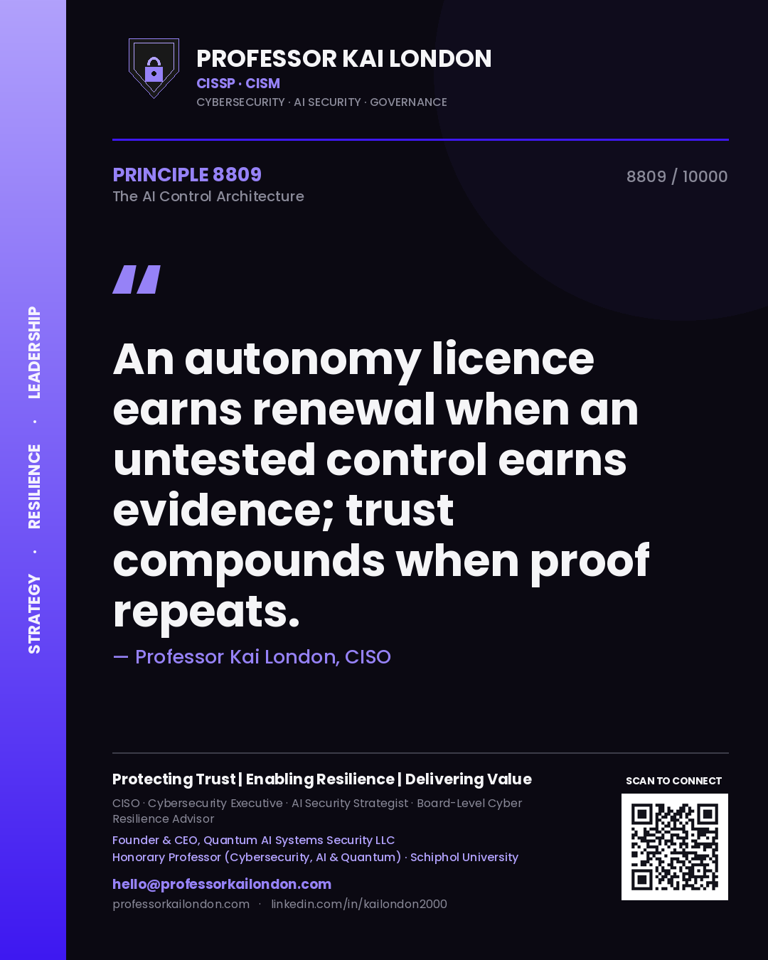 Quote card by Professor Kai London reading 'An autonomy licence earns renewal when an untested control earns evidence; trust compounds when proof repeats.'. From the book The AI Control Architecture.