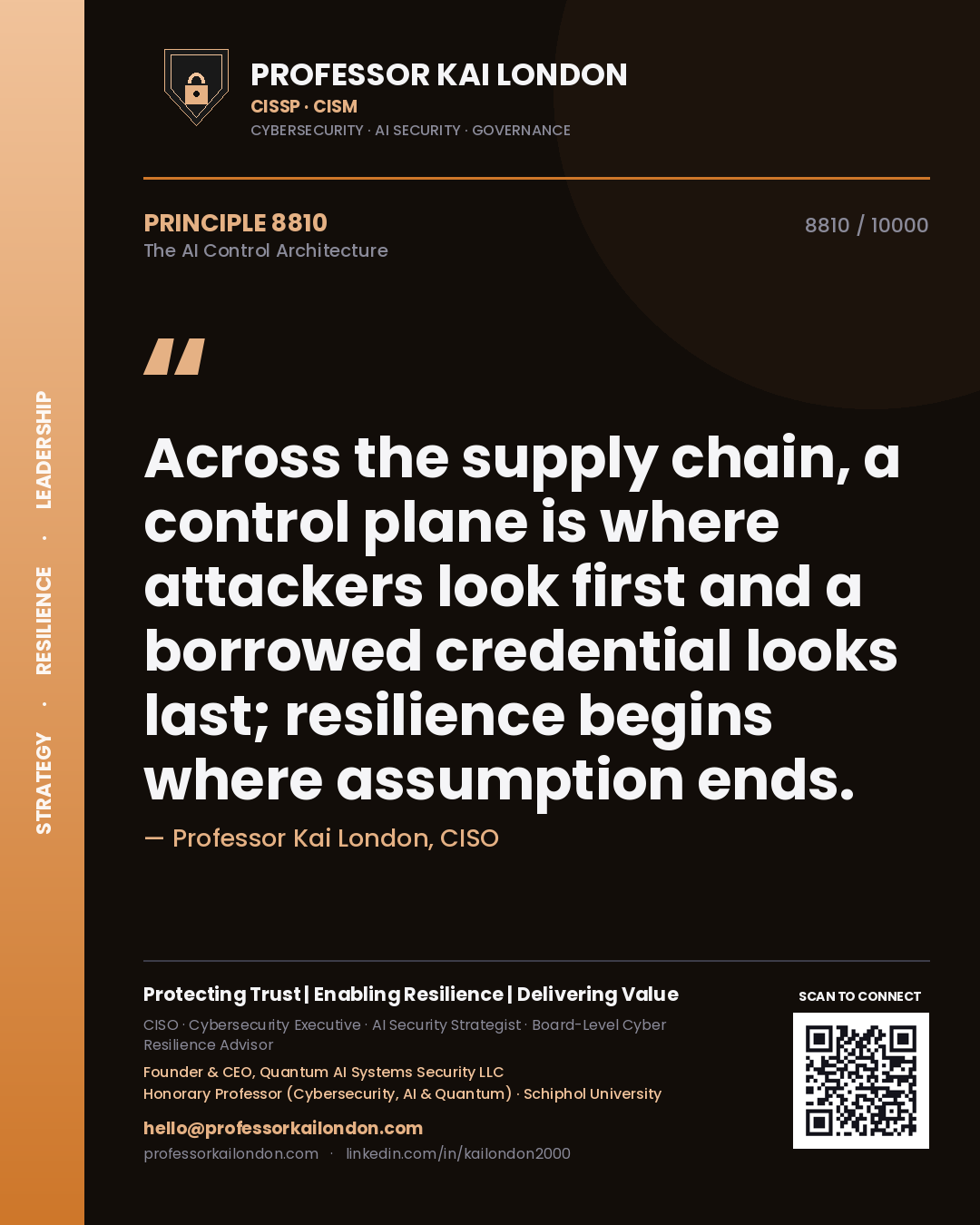 Quote card by Professor Kai London reading 'Across the supply chain, a control plane is where attackers look first and a borrowed credential looks last; resilience begins where assumption ends.'. From the book The AI Control Architecture.