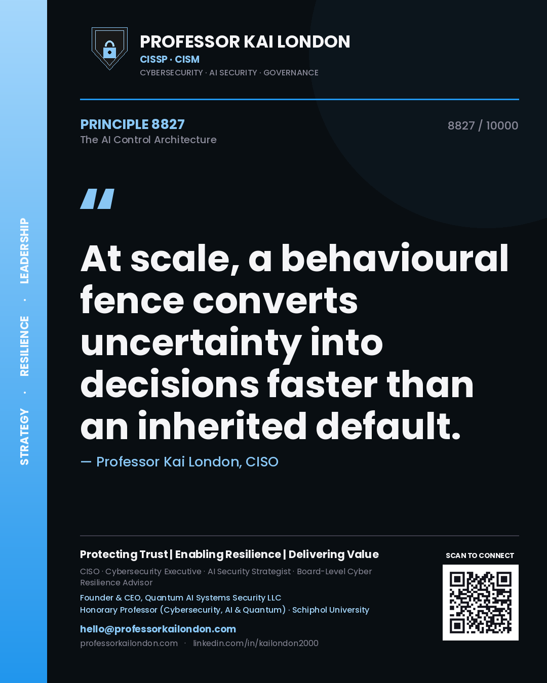 Quote card by Professor Kai London reading 'At scale, a behavioural fence converts uncertainty into decisions faster than an inherited default.'. From the book The AI Control Architecture.