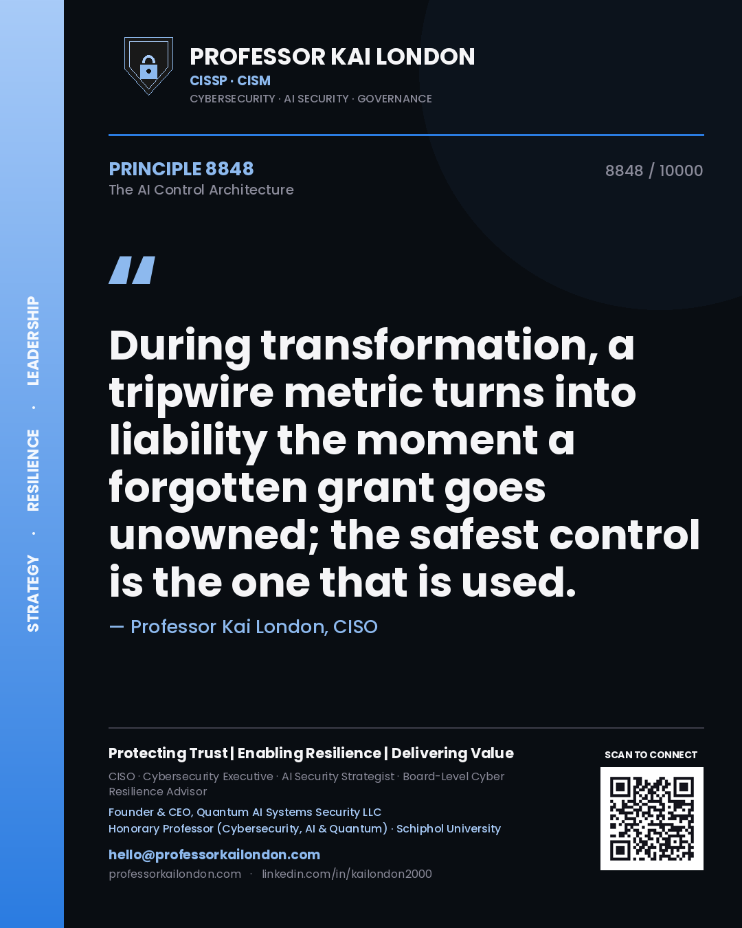 Professor Kai London principle 8848: During transformation, a tripwire metric turns into liability the moment a forgotten grant goes unowned; the safest control is the one that is used.