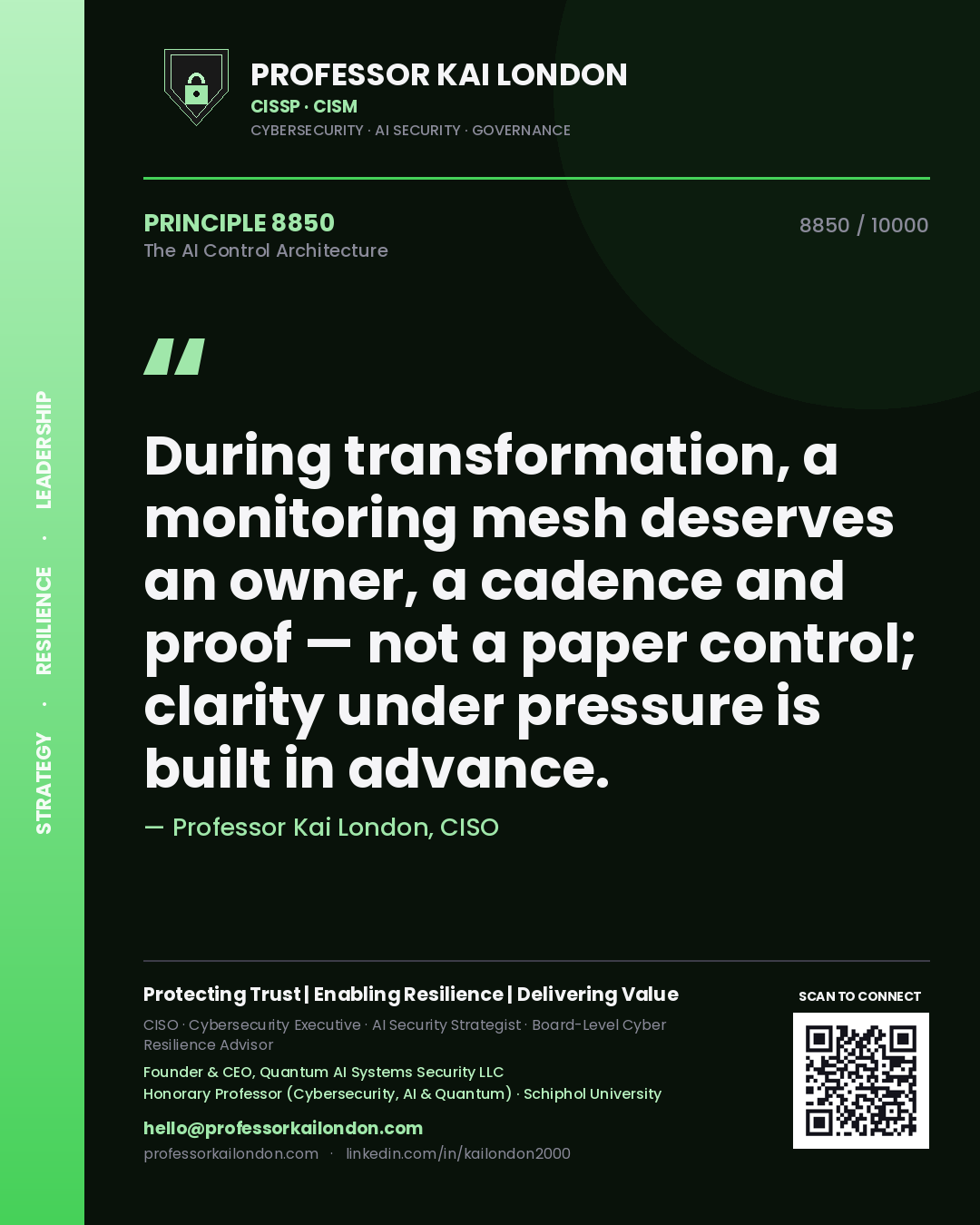 Professor Kai London principle 8850: During transformation, a monitoring mesh deserves an owner, a cadence and proof — not a paper control; clarity under pressure is built in advance.