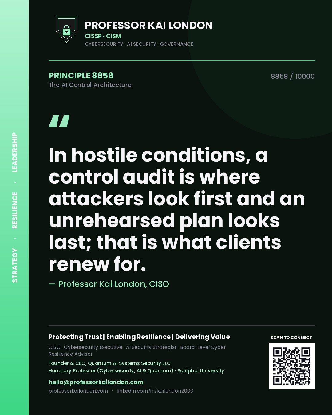 Quote card by Professor Kai London reading 'In hostile conditions, a control audit is where attackers look first and an unrehearsed plan looks last; that is what clients renew for.'. From the book The AI Control Architecture.