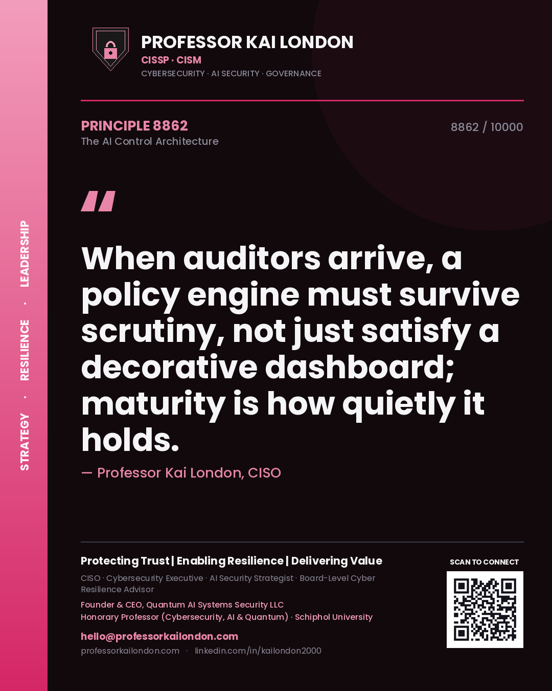 Professor Kai London principle 8862: When auditors arrive, a policy engine must survive scrutiny, not just satisfy a decorative dashboard; maturity is how quietly it holds.
