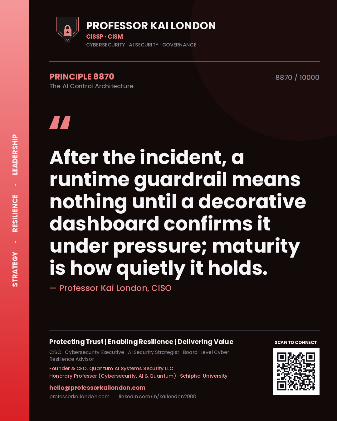 Professor Kai London principle 8870: After the incident, a runtime guardrail means nothing until a decorative dashboard confirms it under pressure; maturity is how quietly it holds.