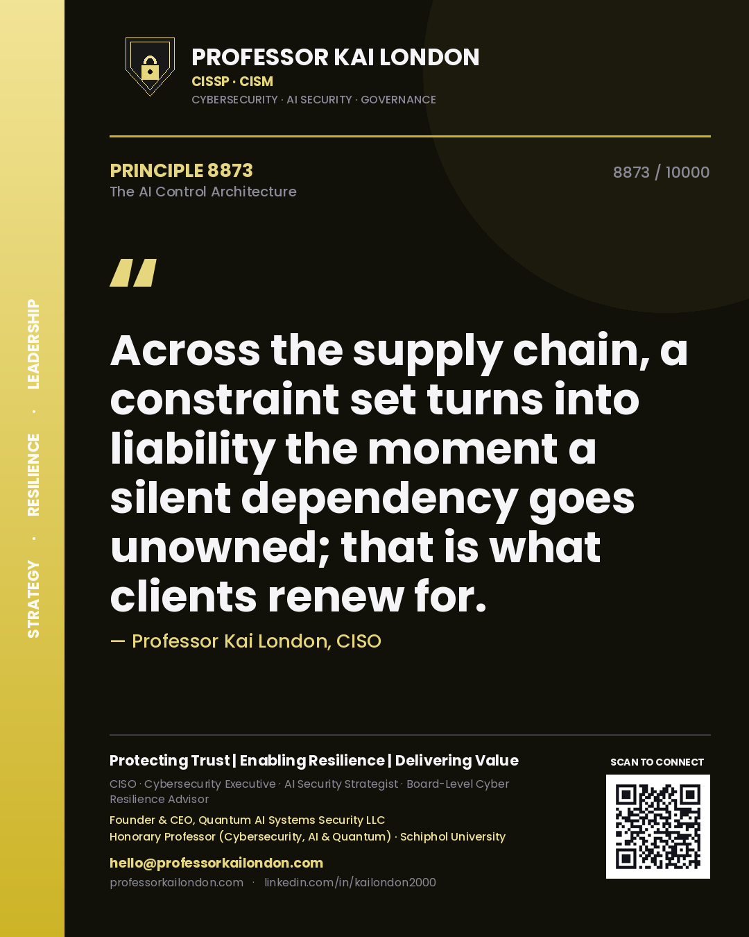 Quote card by Professor Kai London reading 'Across the supply chain, a constraint set turns into liability the moment a silent dependency goes unowned; that is what clients renew for.'. From the book The AI Control Architecture.
