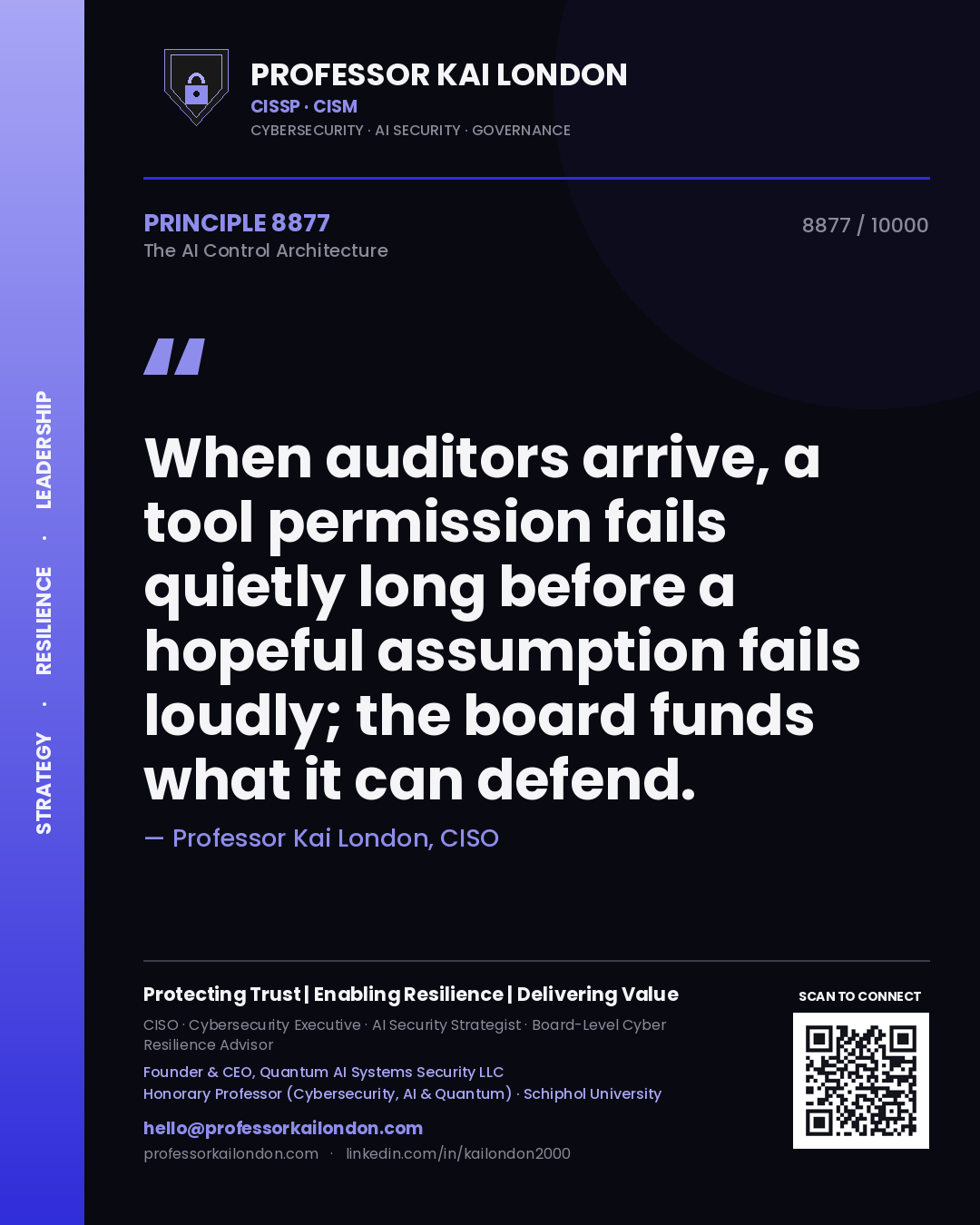Professor Kai London principle 8877: When auditors arrive, a tool permission fails quietly long before a hopeful assumption fails loudly; the board funds what it can defend.