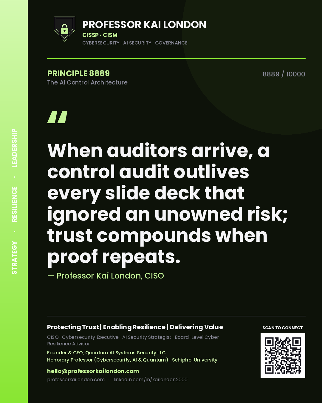 Quote card by Professor Kai London reading 'When auditors arrive, a control audit outlives every slide deck that ignored an unowned risk; trust compounds when proof repeats.'. From the book The AI Control Architecture.