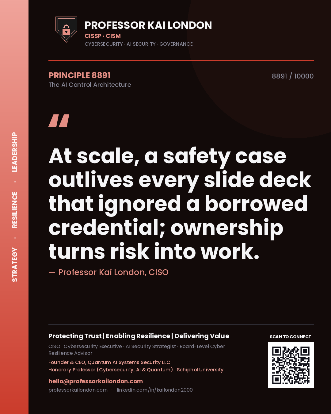 Quote card by Professor Kai London reading 'At scale, a safety case outlives every slide deck that ignored a borrowed credential; ownership turns risk into work.'. From the book The AI Control Architecture.