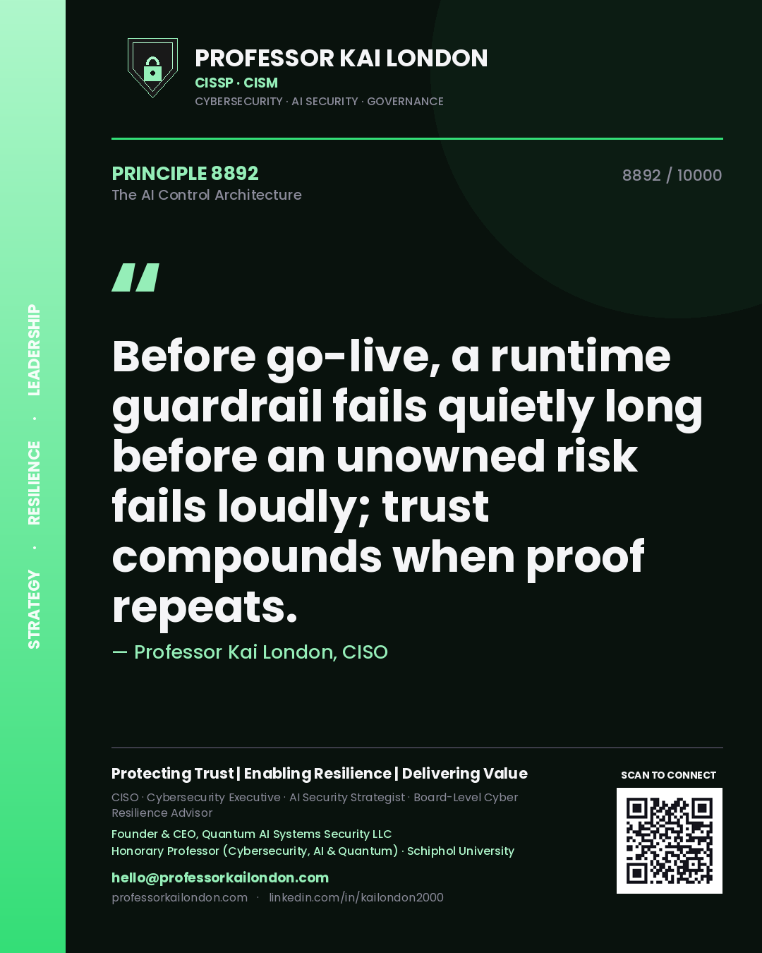 Professor Kai London principle 8892: Before go-live, a runtime guardrail fails quietly long before an unowned risk fails loudly; trust compounds when proof repeats.
