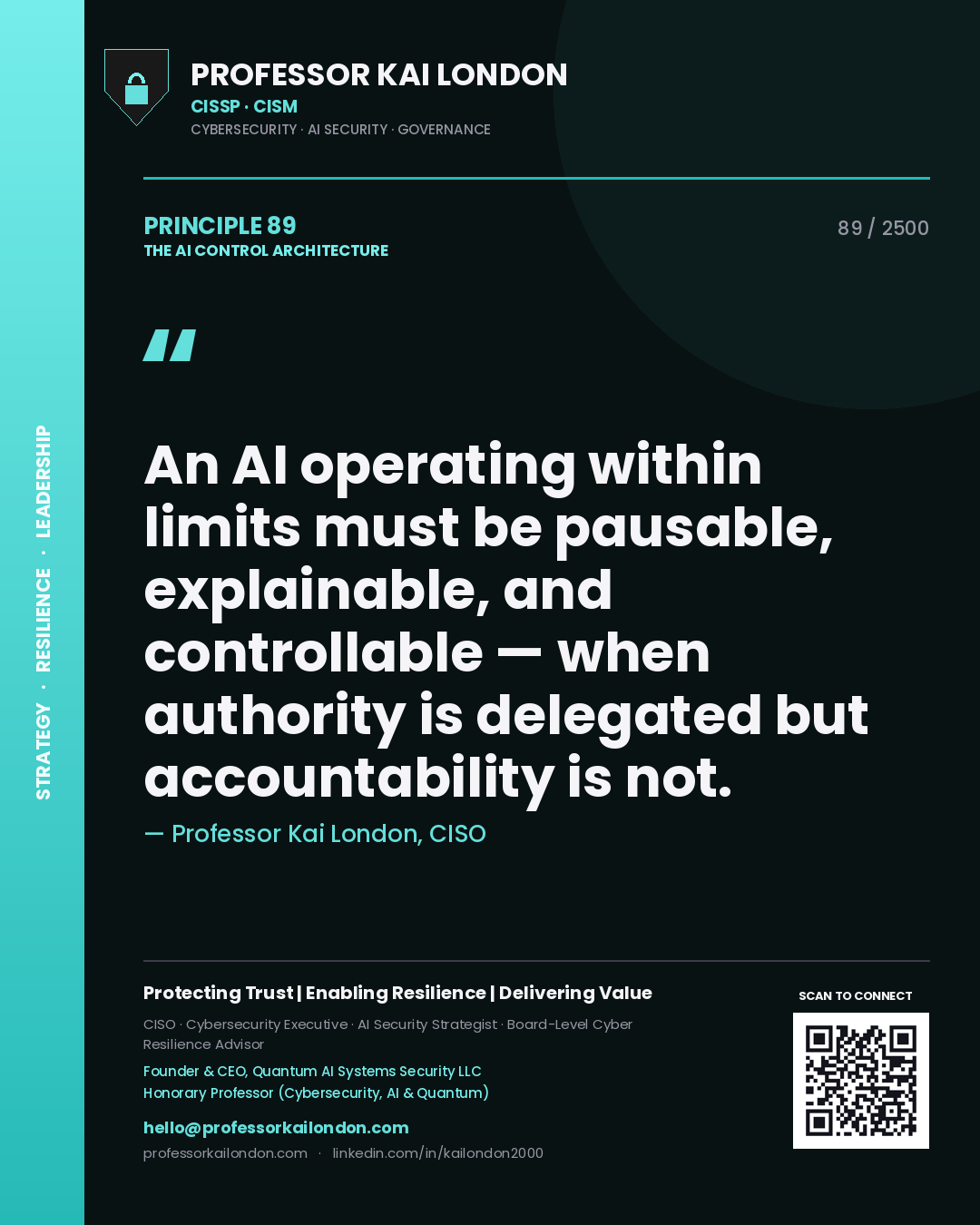Quote card by Professor Kai London reading 'An AI operating within limits must be pausable, explainable, and controllable — when authority is delegated but accountability is not.'. From the book The AI Control Architecture.