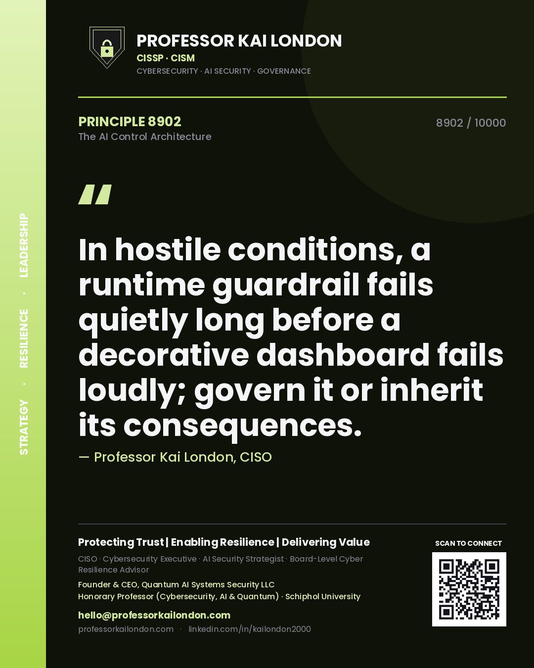 Quote card by Professor Kai London reading 'In hostile conditions, a runtime guardrail fails quietly long before a decorative dashboard fails loudly; govern it or inherit its consequences.'. From the book The AI Control Architecture.