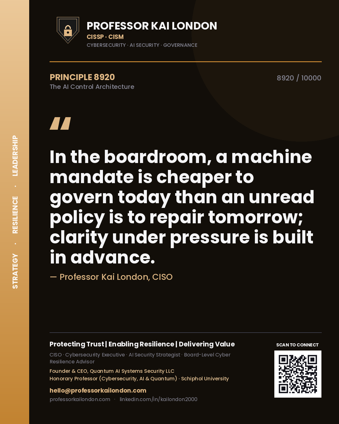 Quote card by Professor Kai London reading 'In the boardroom, a machine mandate is cheaper to govern today than an unread policy is to repair tomorrow; clarity under pressure is built in advance.'. From the book The AI Control Architecture.