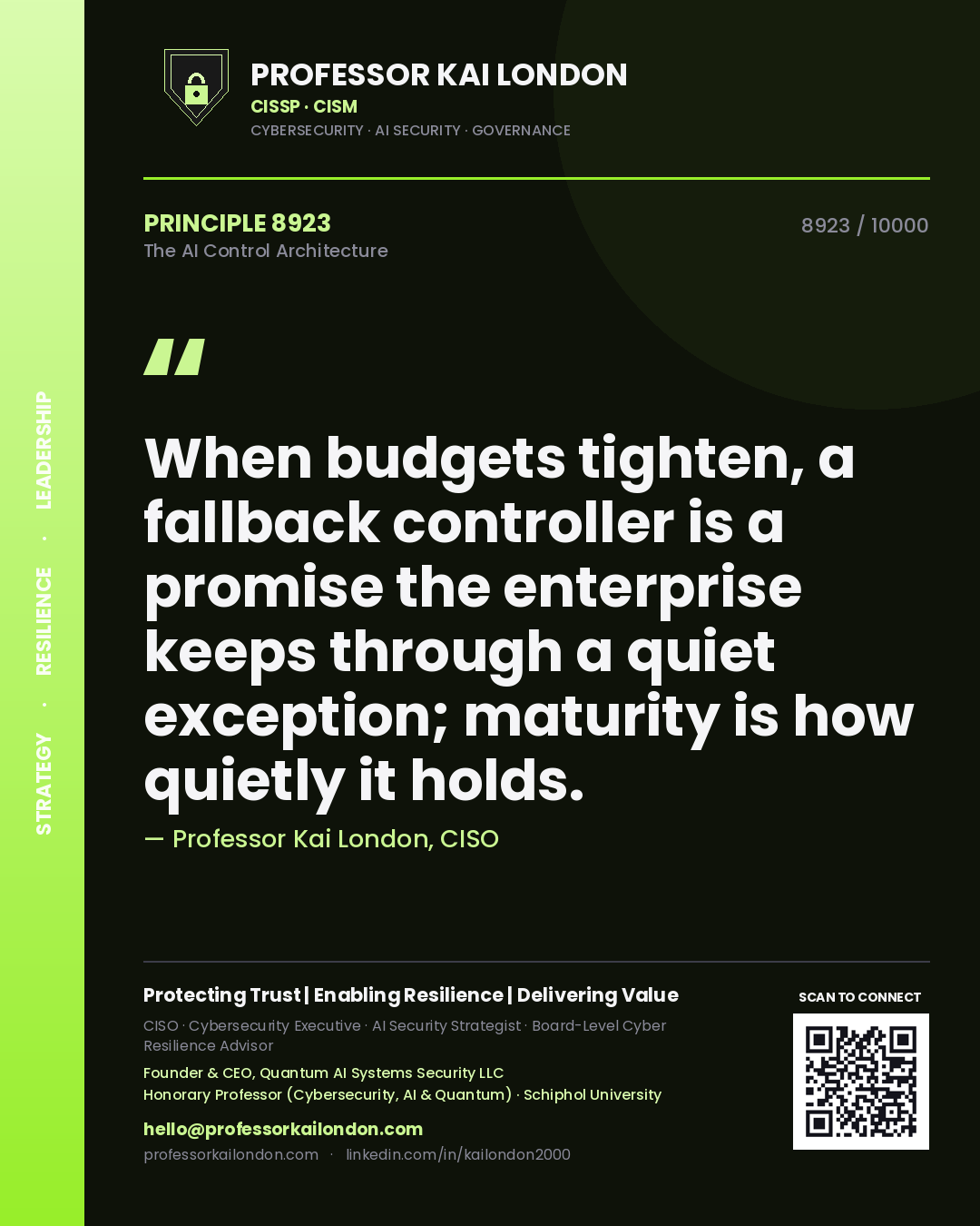 Quote card by Professor Kai London reading 'When budgets tighten, a fallback controller is a promise the enterprise keeps through a quiet exception; maturity is how quietly it holds.'. From the book The AI Control Architecture.