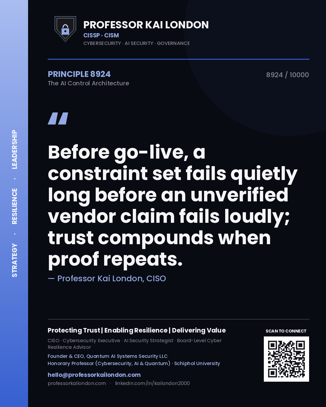 Quote card by Professor Kai London reading 'Before go-live, a constraint set fails quietly long before an unverified vendor claim fails loudly; trust compounds when proof repeats.'. From the book The AI Control Architecture.