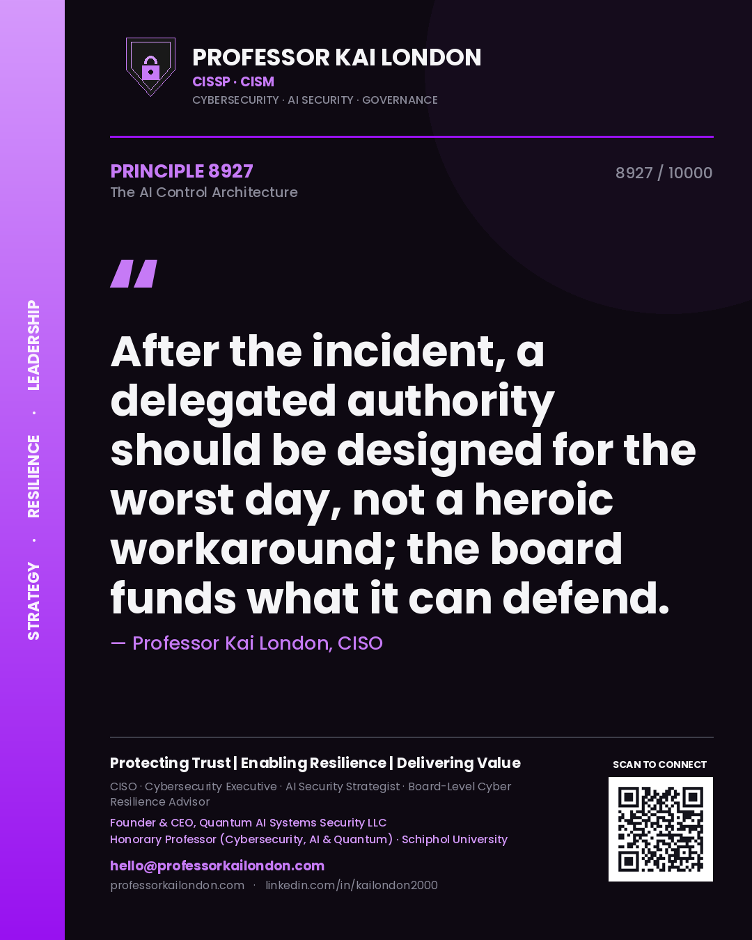 Quote card by Professor Kai London reading 'After the incident, a delegated authority should be designed for the worst day, not a heroic workaround; the board funds what it can defend.'. From the book The AI Control Architecture.